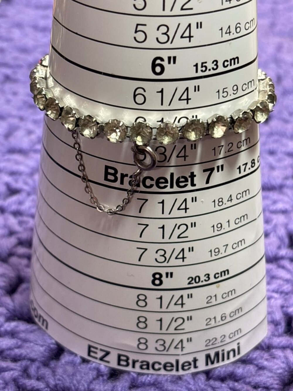 Vintage Clear Rhinestone Tennis Bracelet Silvertone Safety Chain 6.5 inches Long